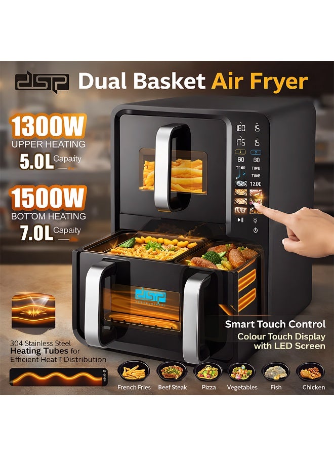 DSB DSP Dual Basket Air Fryer 12L (5L + 7L) – 2800W – Smart LED Touch Control – Oil-Free Cooking – 8 Preset Programs – Double Cooking Without Flavor Mixing - Image 4