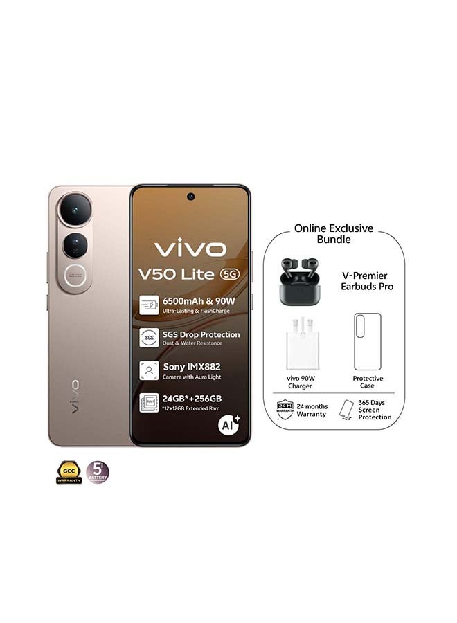 vivo V50 Lite AI 5G Dual SIM Titanium Gold 12GB RAM 256GB With Exclusive Gifts Earbuds Pro, Charger And 24 Months Warranty + 1 Year Screen Replacement - Middle East Version