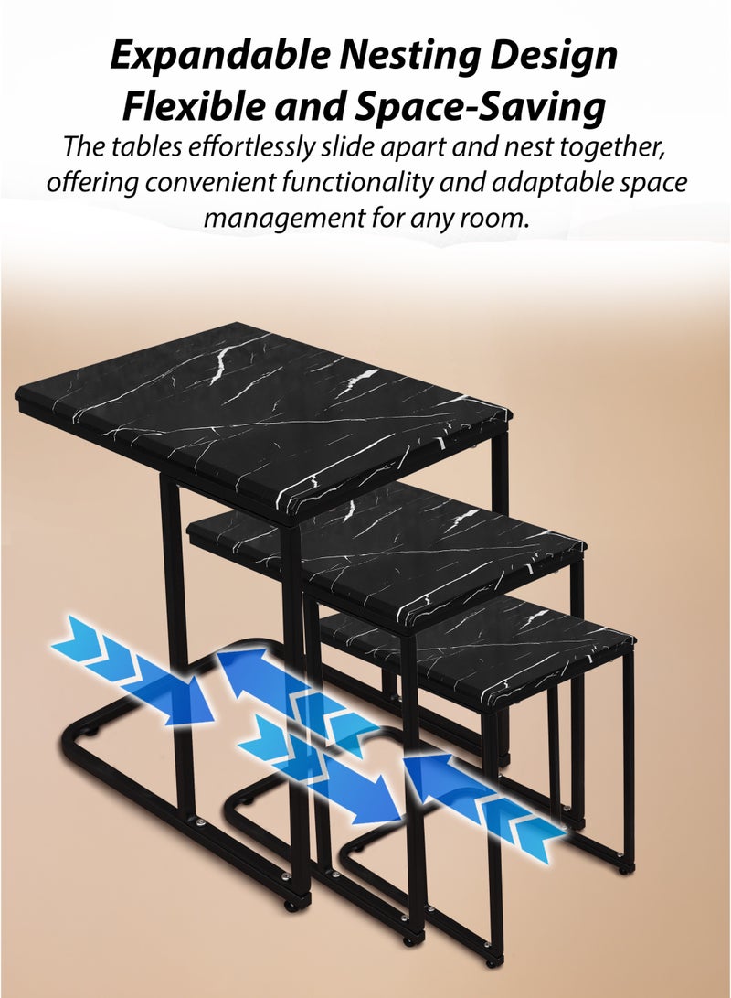 DBLEW 3 Pieces Rectangular Top Nesting Coffee Tables Set Minimalist Stackable Side Tables With Black Faux Marble Veneer Coated MDF Tabletop Accent Tables Industrial End Tables Bedside Desk For Home Office Living Room Hall And Small Spaces Sofa Centre Teapoy Table - Image 2
