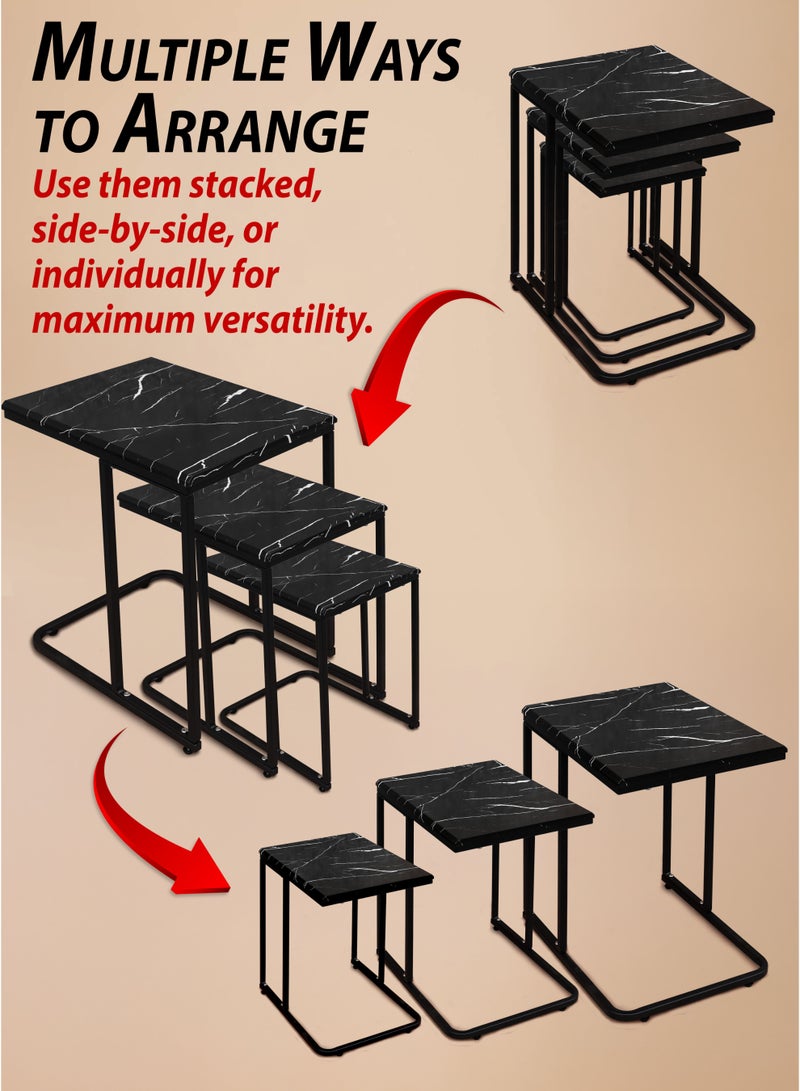DBLEW 3 Pieces Rectangular Top Nesting Coffee Tables Set Minimalist Stackable Side Tables With Black Faux Marble Veneer Coated MDF Tabletop Accent Tables Industrial End Tables Bedside Desk For Home Office Living Room Hall And Small Spaces Sofa Centre Teapoy Table - Image 3