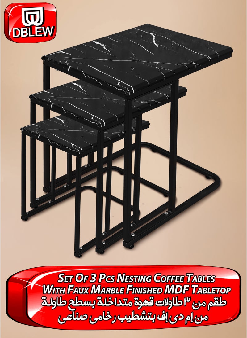 DBLEW 3 Pieces Rectangular Top Nesting Coffee Tables Set Minimalist Stackable Side Tables With Black Faux Marble Veneer Coated MDF Tabletop Accent Tables Industrial End Tables Bedside Desk For Home Office Living Room Hall And Small Spaces Sofa Centre Teapoy Table - Image 1