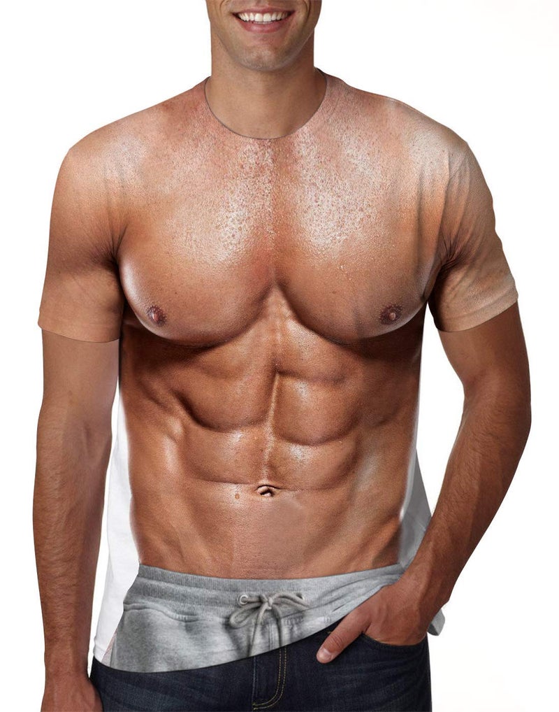 uideazone Men 3D Muscle Printed Shirt Fake 6 Pack Abs Short Sleeve T-Shirt Casual Graphic Crewneck Tees - Image 1