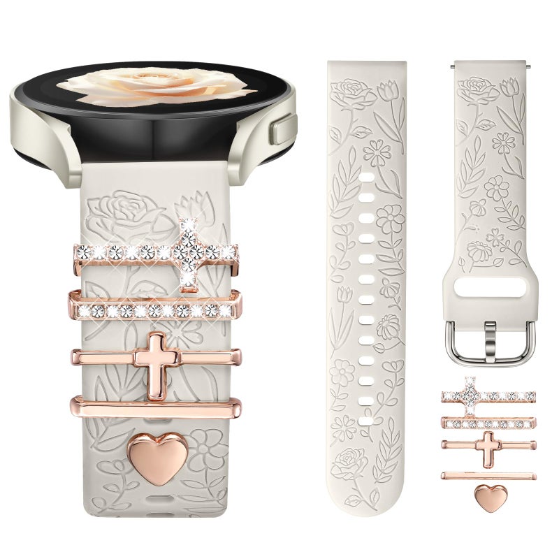 DaQin Flower Engraved Band Compatible with Samsung Galaxy Watch 7 Band/FE 6 5 4 40mm 44mm,Galaxy Active 2, 20mm Watch Band Soft Silicone Replacement Strap with Decorative Charms Accessories Women - Image 1