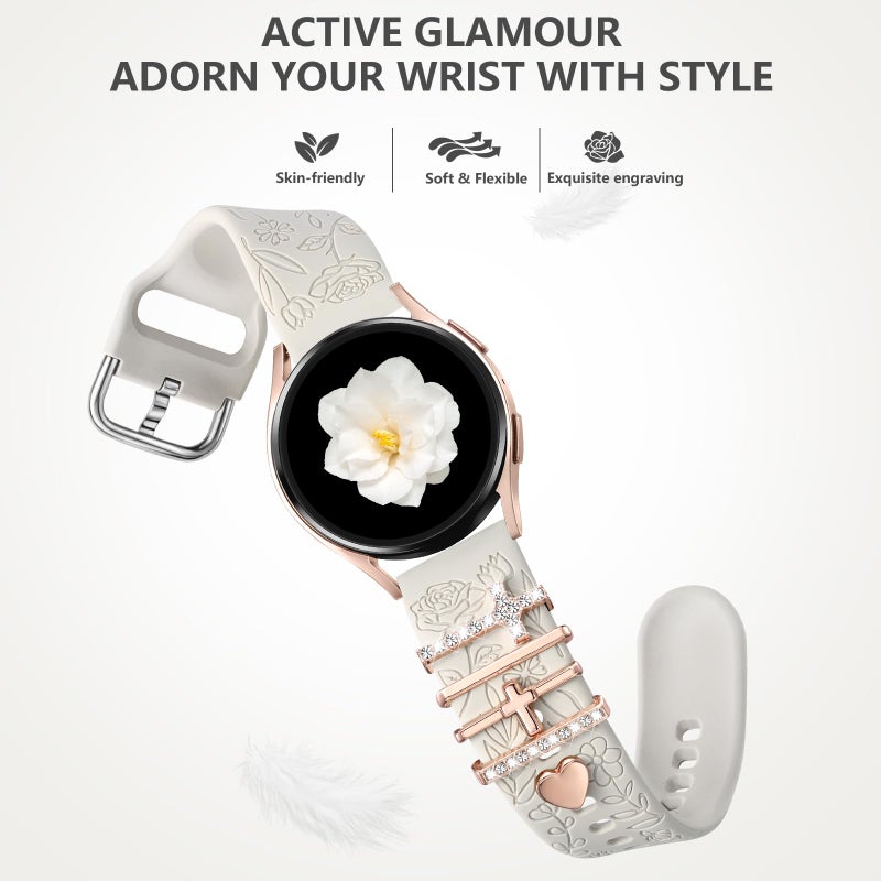 DaQin Flower Engraved Band Compatible with Samsung Galaxy Watch 7 Band/FE 6 5 4 40mm 44mm,Galaxy Active 2, 20mm Watch Band Soft Silicone Replacement Strap with Decorative Charms Accessories Women - Image 3