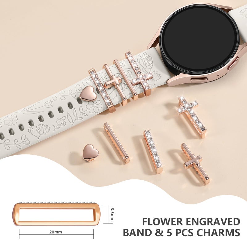 DaQin Flower Engraved Band Compatible with Samsung Galaxy Watch 7 Band/FE 6 5 4 40mm 44mm,Galaxy Active 2, 20mm Watch Band Soft Silicone Replacement Strap with Decorative Charms Accessories Women - Image 5