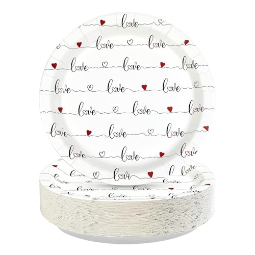 Greencian 50Pcs Valentine's Day Paper Plates 9" Disposable Red Love Heart Paper Plates Red Hearts Dinner Plates for Valentine Wedding Anniversary Galentine Party Decorations - Image 1