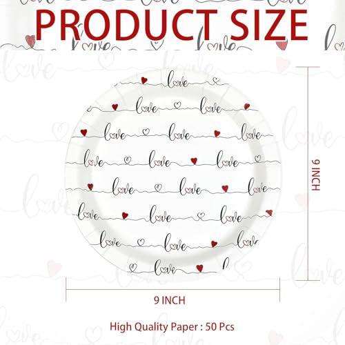 Greencian 50Pcs Valentine's Day Paper Plates 9" Disposable Red Love Heart Paper Plates Red Hearts Dinner Plates for Valentine Wedding Anniversary Galentine Party Decorations - Image 4