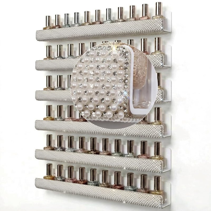 YMVV Nail Polish Wall Shelf - 15-Inch Pearls Diamond Crystal Display & Organizer Rack, Holds 60+ Polishes, Soft Ledge for Bedroom, Bathroom, Salon,6 Pack - Image 1