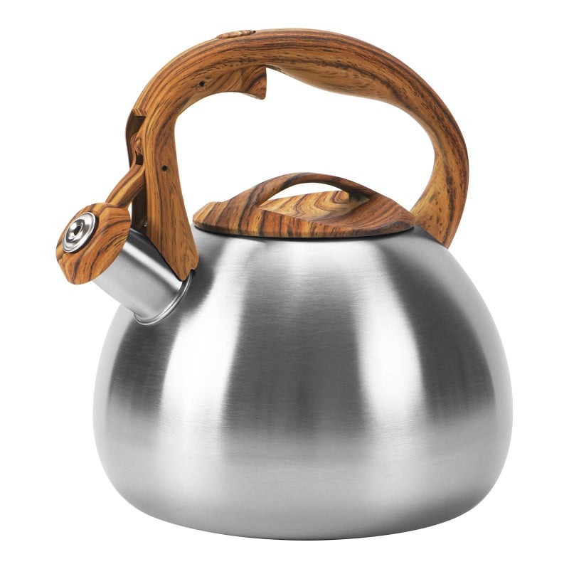 foedo Classic Stainless Steel Whistling Kettle 3.2 Quart - Brushed Metal Finish with Wooden Handle, Stovetop Water Boiler for Home & Kitchen, Loud Alert Whistle & Drip-Free Spout (Silver) - Image 1