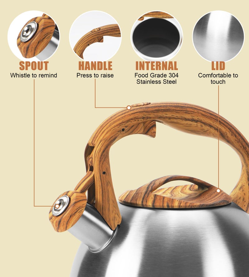 foedo Classic Stainless Steel Whistling Kettle 3.2 Quart - Brushed Metal Finish with Wooden Handle, Stovetop Water Boiler for Home & Kitchen, Loud Alert Whistle & Drip-Free Spout (Silver) - Image 4