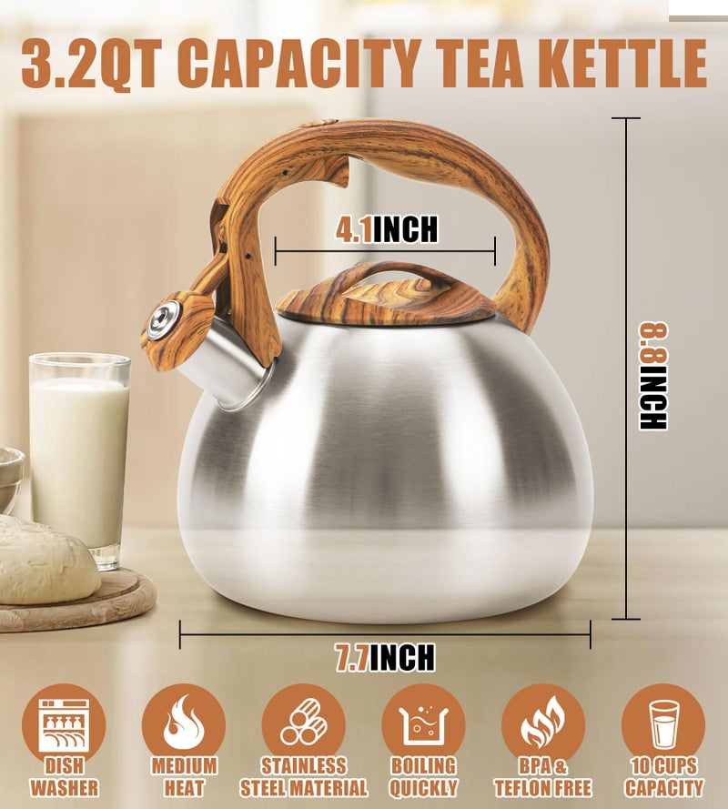 foedo Classic Stainless Steel Whistling Kettle 3.2 Quart - Brushed Metal Finish with Wooden Handle, Stovetop Water Boiler for Home & Kitchen, Loud Alert Whistle & Drip-Free Spout (Silver) - Image 2