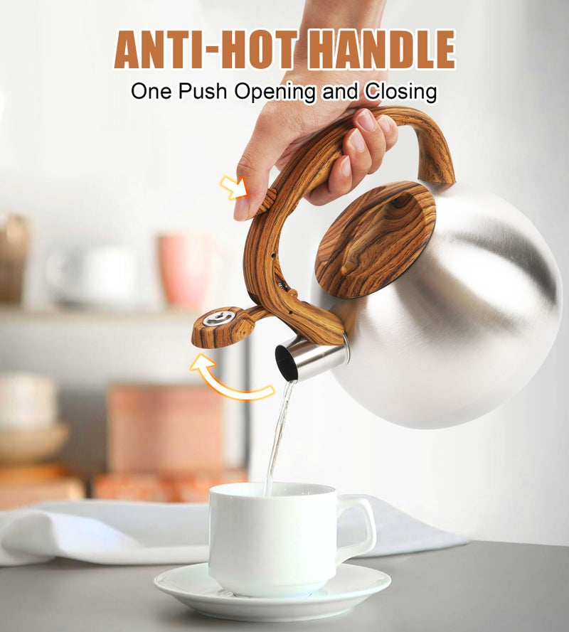 foedo Classic Stainless Steel Whistling Kettle 3.2 Quart - Brushed Metal Finish with Wooden Handle, Stovetop Water Boiler for Home & Kitchen, Loud Alert Whistle & Drip-Free Spout (Silver) - Image 5