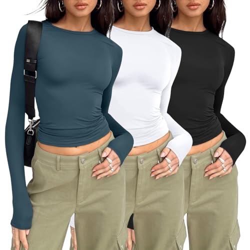 AUTOMET 3 Pack Womens Long Sleeve T Shirts Fall Fashion Basic Going Out Crop Tops Slim Fitted Winter Clothes 2025 Black White Haze Blue M - Image 1