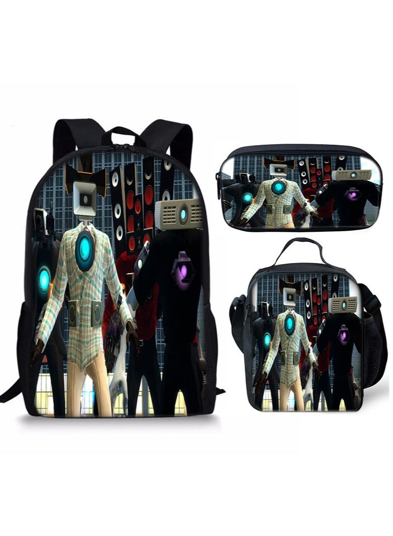 3 Piece Skibidi Toilet 3D Print Insulated Lunch Backpack Set Multicolour