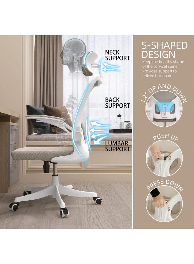 Monhey Monhey Ergonomic Office Chair with Lumbar Support & Headrest & Flip-up Arms Height Adjustable Rocking Home Office Desk Swivel High Back Computer Chair Warm Taupe Mesh Study Chair - Image 1