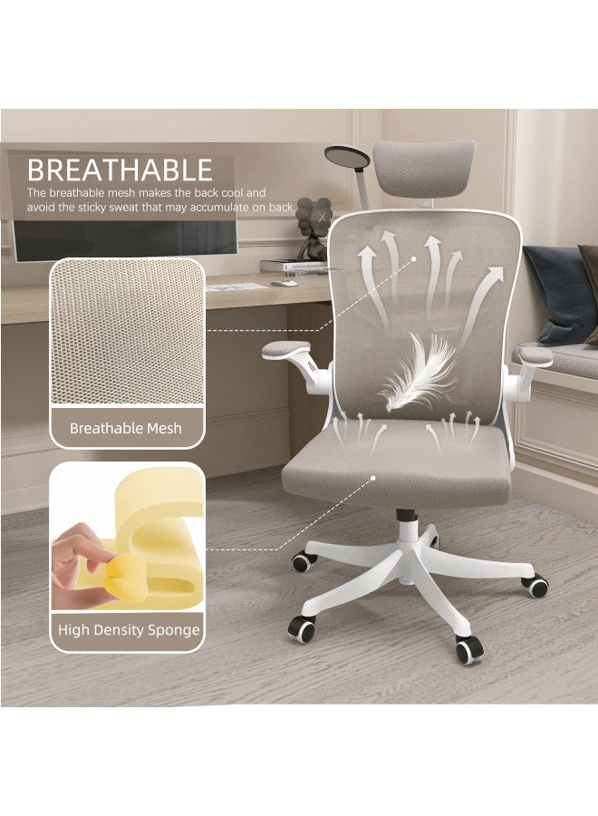 Monhey Monhey Ergonomic Office Chair with Lumbar Support & Headrest & Flip-up Arms Height Adjustable Rocking Home Office Desk Swivel High Back Computer Chair Warm Taupe Mesh Study Chair - Image 4