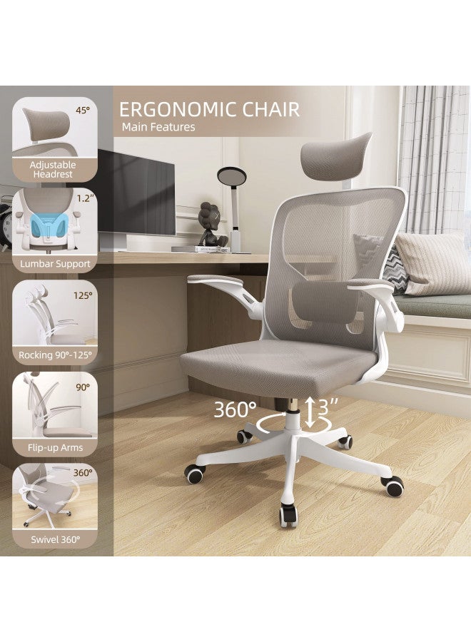 Monhey Monhey Ergonomic Office Chair with Lumbar Support & Headrest & Flip-up Arms Height Adjustable Rocking Home Office Desk Swivel High Back Computer Chair Warm Taupe Mesh Study Chair - Image 2