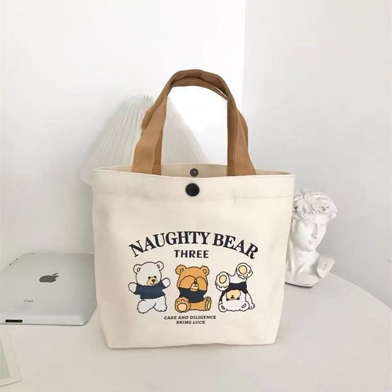 New Small Bear Canvas Bag Casual Commuter Lunch Bento Box Handheld Eco-Friendly Bag Student Portable Multi-Functional Leisure Off-white three bears 