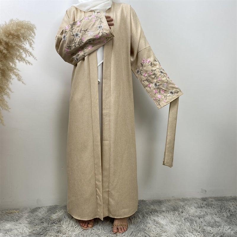 monica fashion Fashion Linen Embroidered Patchwork Cardigan  Robe - Image 2