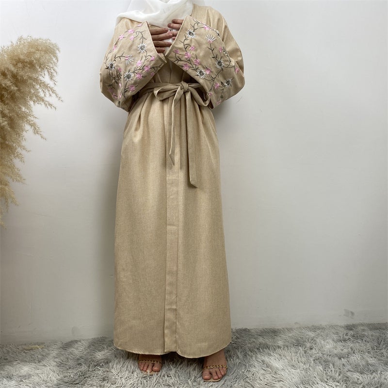 monica fashion Fashion Linen Embroidered Patchwork Cardigan  Robe - Image 1