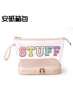 Cross-border large-capacity multi-layer transparent waterproof cosmetic bag embroidered letter layered wash bag out storage dumpling bag Milk apricot White