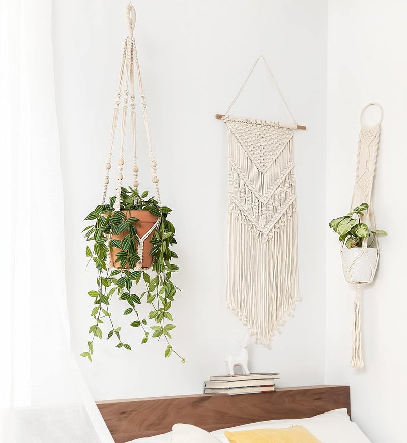 Mkono Macrame Plant Hanger Indoor Hanging Planter Basket with Wood Beads Decorative Flower Pot Holder No Tassels for Indoor Outdoor Boho Home Decor 35 Inch, Ivory, Set of 1 (POTS NOT Included) - Image 2
