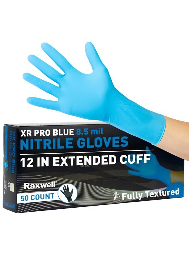 Raxwell Disposable Blue Extended Cuff Nitrile Gloves Large | 8.5-mil Heavy Duty Nitrile Examination Gloves | 50 Count Fully Textured, Latex Free & Powder Free | Food Grade, Food Safe & Puncture - Image 1