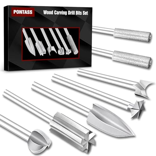 PONTASS Wood Carving Bits Compatible with Dremel Rotary Tool with 1/8"(3mm) Shank, 7Pcs HSS Different Drill Bit to Meet Your Different Needs, Durable Engraving Rotary Tool Accessories for DIY Woodworking - Image 1