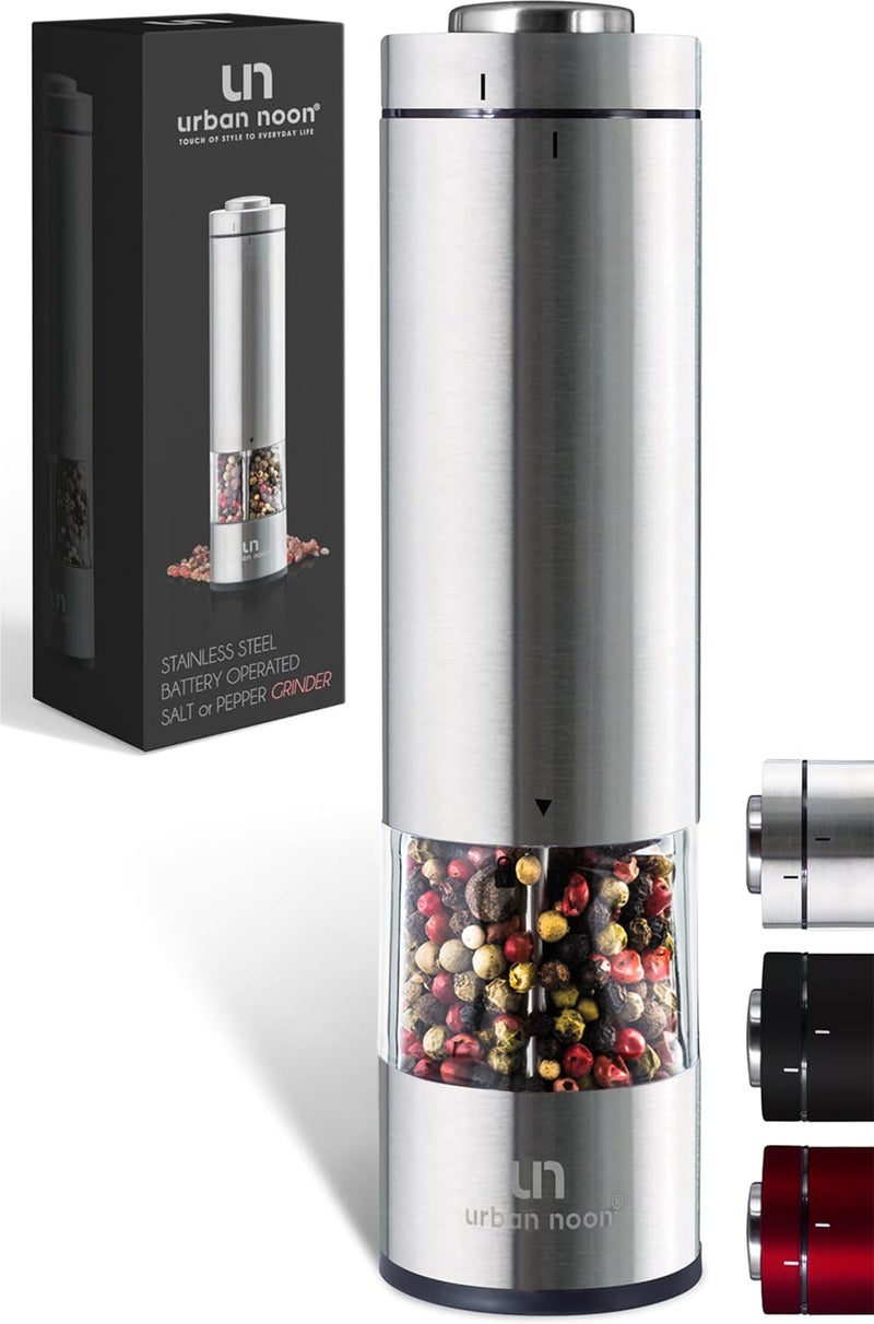 Electric Salt and Pepper Grinder  Battery Operated Stainless Steel Pepper Mill with Light  Automatic One Handed Operation  Electronic Adjustable Shaker  Ceramic Grinder
