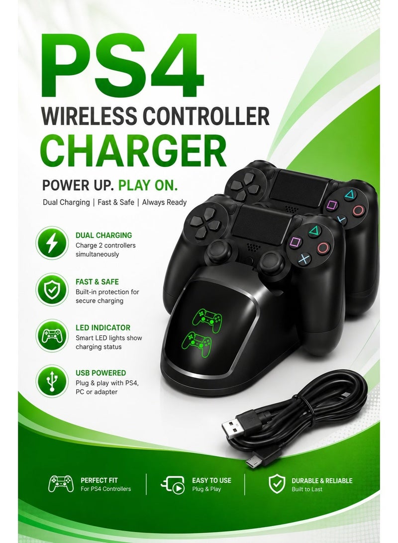 دوبي قاعدة شحن مزدوجة لاسلكية لوحدات تحكم PS4 من DOBE | حامل شحن سريع عبر USB مع مؤشر LED لحالة الشحن | شاحن مزدوج لوحدات تحكم PS4 وPS4 Slim وPS4 Pro - Image 1
