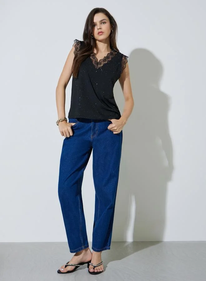 تايك تو Black Sleeveless Lace Trim Top