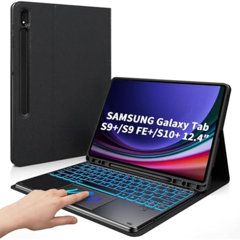 حافظة لوحة مفاتيح iXTRA مع لوحة لمس لجهاز Samsung Galaxy Tab S9 FE+/S9+/S10+ 12.4 بوصة مع حامل أقلام S بإضاءة خلفية 7 ألوان، حافظة لوحة مفاتيح S9 FE Plus S10 Plus لوحة مفاتيح بلوتوث مغناطيسية قابلة للفصل، أسود - Image 1