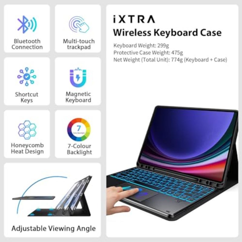 حافظة لوحة مفاتيح iXTRA مع لوحة لمس لجهاز Samsung Galaxy Tab S9 FE+/S9+/S10+ 12.4 بوصة مع حامل أقلام S بإضاءة خلفية 7 ألوان، حافظة لوحة مفاتيح S9 FE Plus S10 Plus لوحة مفاتيح بلوتوث مغناطيسية قابلة للفصل، أسود - Image 3