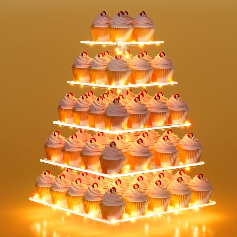 weddingwish 5 Tier Acrylic Cupcake Stand with LED Light Clear Cupcake Stand for 50 Cupcakes Cupcake Holder Tower Dessert Table Display Set for Birthday Baby Shower Tea Party and Wedding Dcor