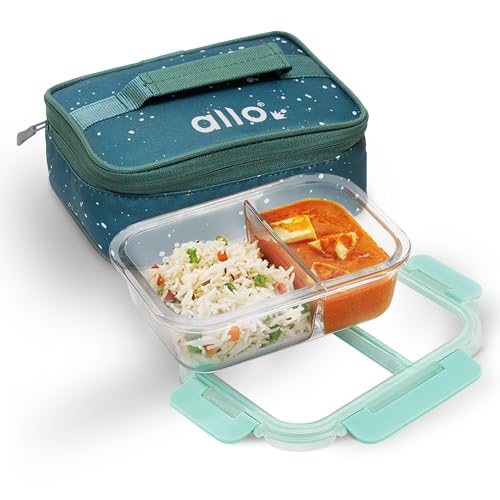 Allo FoodSafe Compartment Glass Lunch Box with Break Free Detachable Lock, 450°C Oven & Microwave Safe, Borosilicate Glass Container with Partition Divider, Office Tiffin with Green Splash Bag, 580ml - Image 1