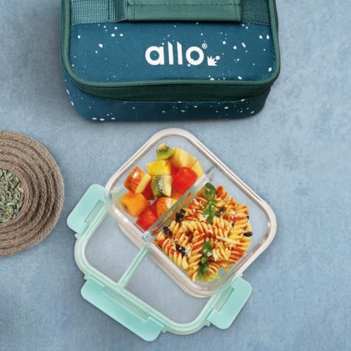 Allo FoodSafe Compartment Glass Lunch Box with Break Free Detachable Lock, 450°C Oven & Microwave Safe, Borosilicate Glass Container with Partition Divider, Office Tiffin with Green Splash Bag, 580ml - Image 5