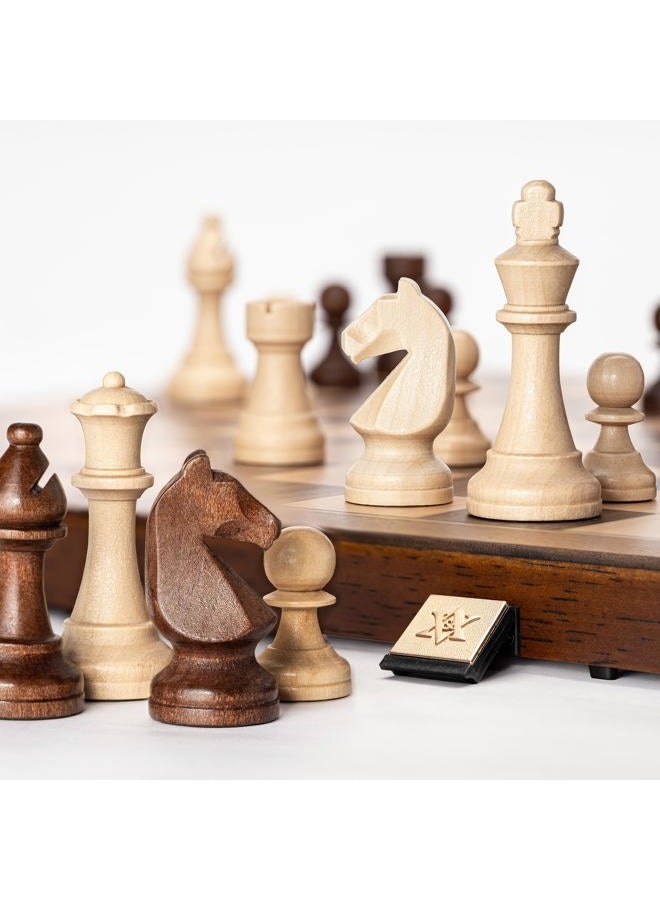 A&A 15 inch Wooden Folding Chess & Checkers Set w/ 3 inch King Height Staunton Chess Pieces - Walnut Box w/Walnut & Maple Inlay - Image 2