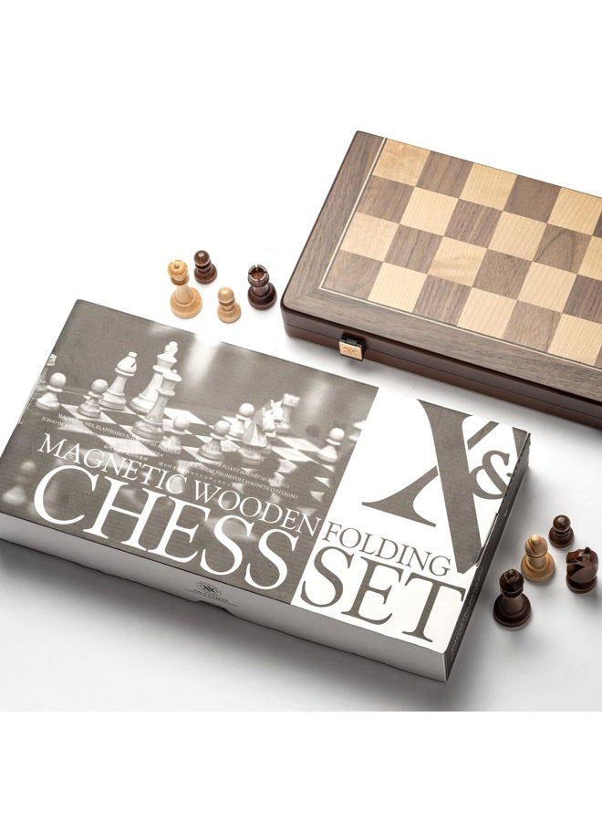 A&A 15 inch Wooden Folding Chess & Checkers Set w/ 3 inch King Height Staunton Chess Pieces - Walnut Box w/Walnut & Maple Inlay - Image 4