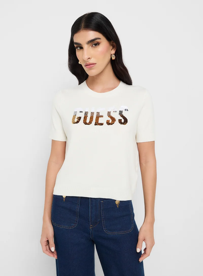 جس Short Sleeve Crew Neck Layla Boxy Logo Sweater