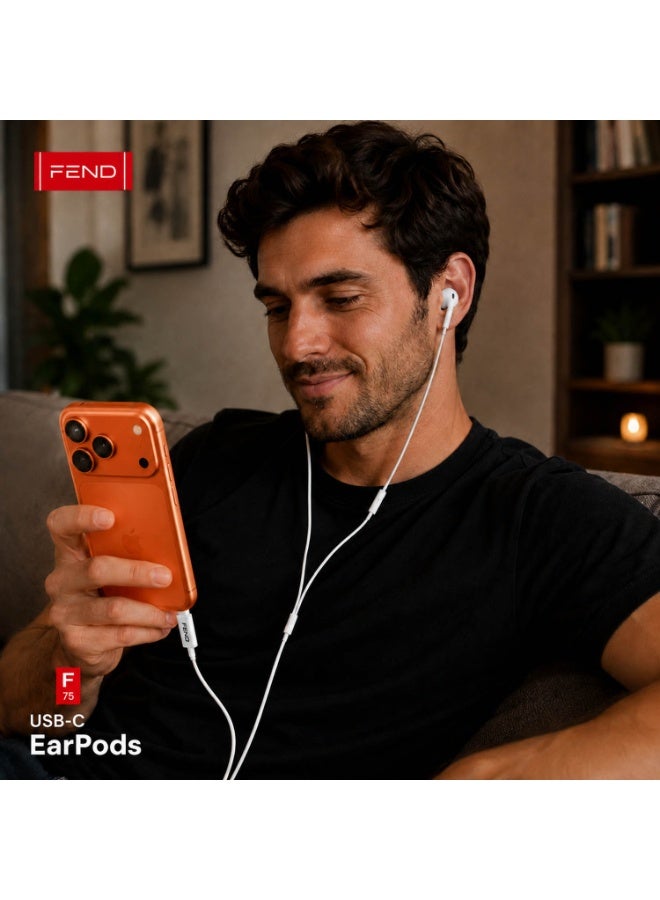 فيند سماعات أذن سلكية FEND F75 USB-C مزودة بميكروفون مدمج وتحكم في مستوى الصوت، صوت ستيريو عالي الدقة، سماعات من النوع C سهلة التوصيل والتشغيل متوافقة مع iPhone 17 Pro Max/ 17 Pro / 17 Air / 17 - Image 2