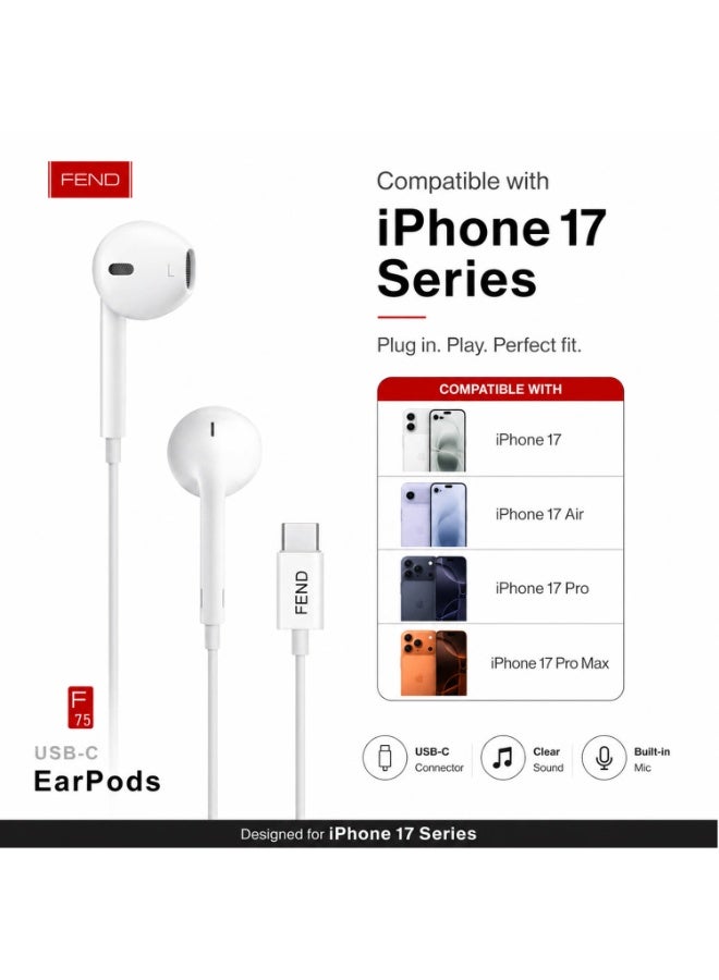 فيند سماعات أذن سلكية FEND F75 USB-C مزودة بميكروفون مدمج وتحكم في مستوى الصوت، صوت ستيريو عالي الدقة، سماعات من النوع C سهلة التوصيل والتشغيل متوافقة مع iPhone 17 Pro Max/ 17 Pro / 17 Air / 17 - Image 4