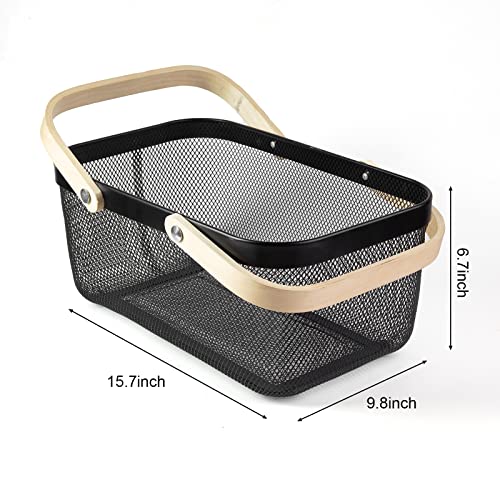 MACOIOR Portable Garden Harvest Basket-Mesh Design Natural Bamboo Handle Wire Storage Baskets,Mesh Basket with Handle Organize Items Reduce Space Occupation,Suitable for Kitchen,Garden,Picnic(Black) - Image 3