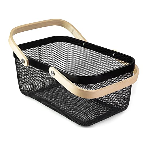 MACOIOR Portable Garden Harvest Basket-Mesh Design Natural Bamboo Handle Wire Storage Baskets,Mesh Basket with Handle Organize Items Reduce Space Occupation,Suitable for Kitchen,Garden,Picnic(Black) - Image 1