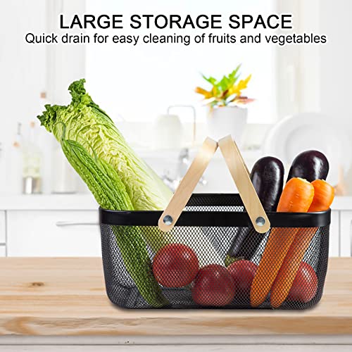 MACOIOR Portable Garden Harvest Basket-Mesh Design Natural Bamboo Handle Wire Storage Baskets,Mesh Basket with Handle Organize Items Reduce Space Occupation,Suitable for Kitchen,Garden,Picnic(Black) - Image 2
