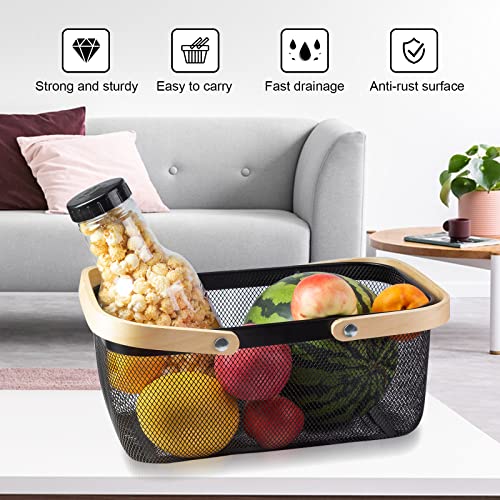 MACOIOR Portable Garden Harvest Basket-Mesh Design Natural Bamboo Handle Wire Storage Baskets,Mesh Basket with Handle Organize Items Reduce Space Occupation,Suitable for Kitchen,Garden,Picnic(Black) - Image 5
