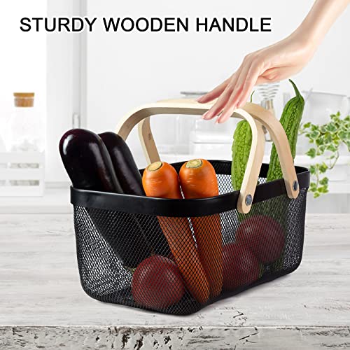 MACOIOR Portable Garden Harvest Basket-Mesh Design Natural Bamboo Handle Wire Storage Baskets,Mesh Basket with Handle Organize Items Reduce Space Occupation,Suitable for Kitchen,Garden,Picnic(Black) - Image 4