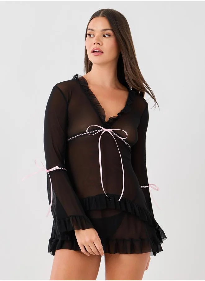 ستايلي Styli Ruffle and Bow Detail Bell Sleeves Slip with Briefs