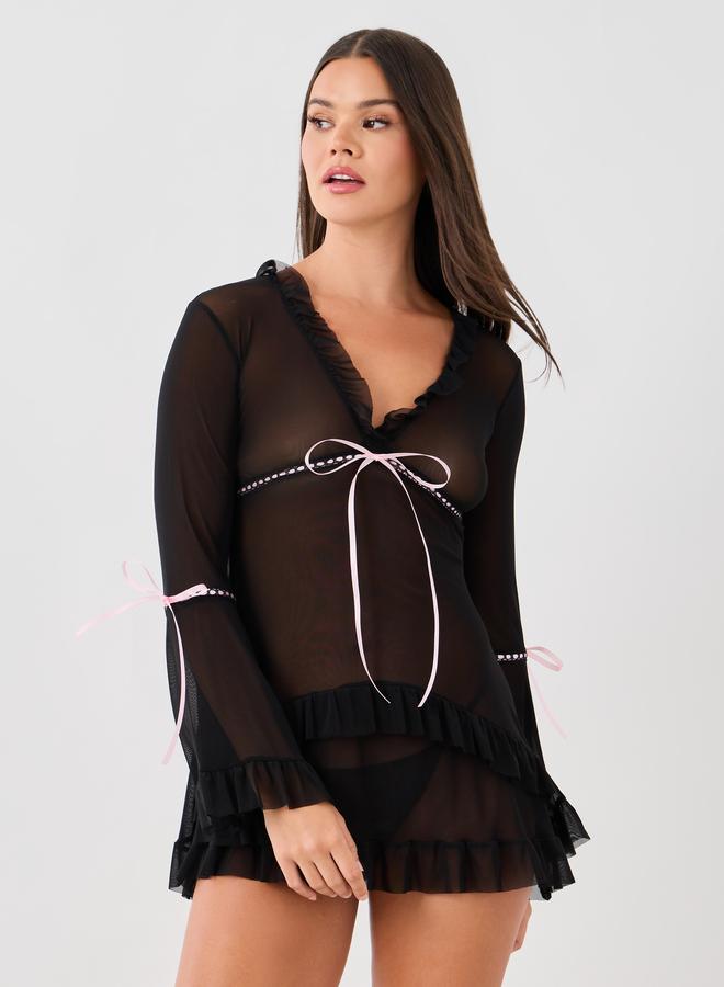 Styli Ruffle and Bow Detail Bell Sleeves Slip with Briefs - Image 2