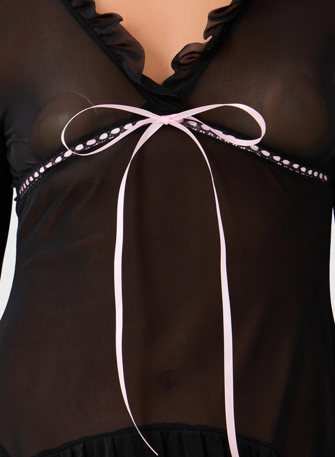 Styli Ruffle and Bow Detail Bell Sleeves Slip with Briefs - Image 3