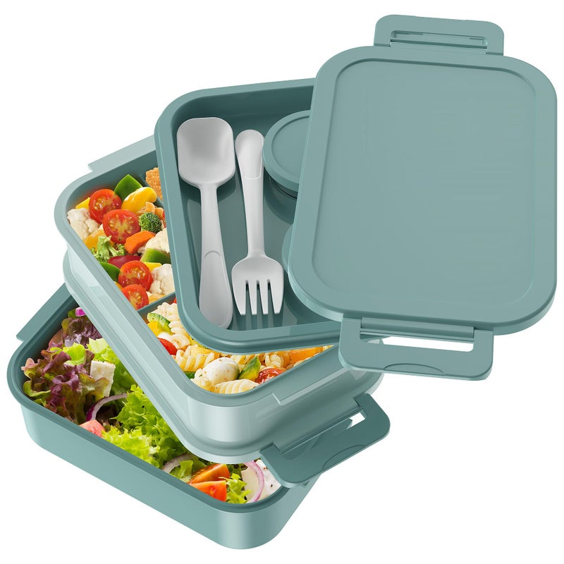 Jelife Bento Box Adult Lunch Box - 72oz Stackable Bento Lunch Box for Adults, 3 Layers All-in-One Large Bento Box Leak-Proof Lunchbox with Utensil Sauce Dressing Containers for Dining Out,Work, Green - Image 2